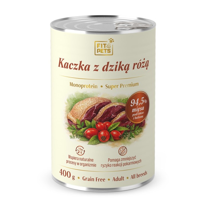 Karma dla psa pełnoporcjowa Fit4Pets kaczka z dziką różą 400g
