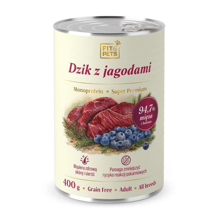 Karma dla psa pełnoporcjowa Fit4Pets dzik z jagodami 400g