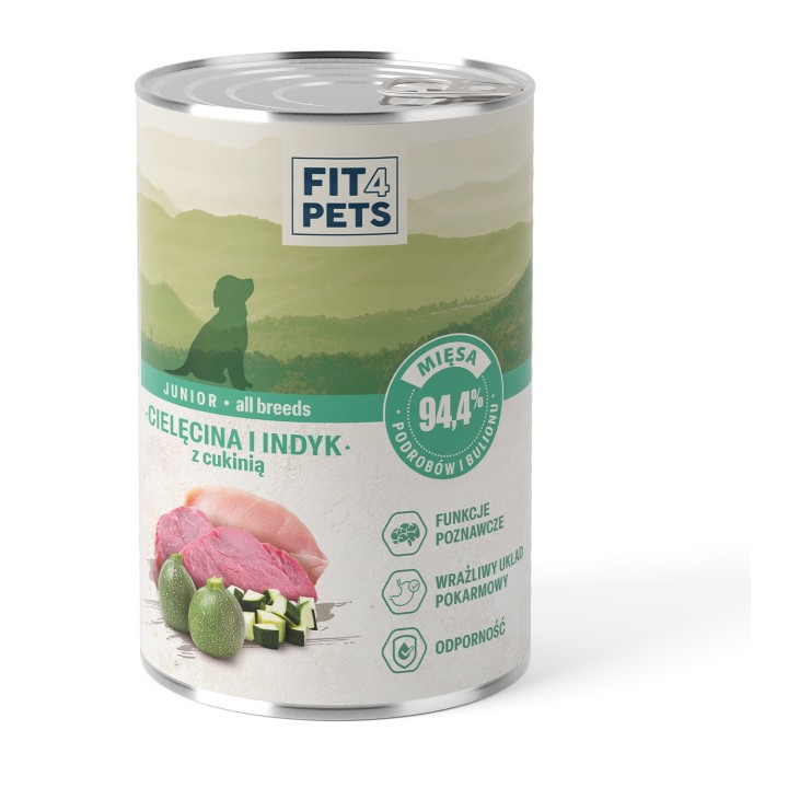 Karma dla szczeniaka pełnoporcjowa Fit4Pets cielęcina i indyk z cukinią 400g