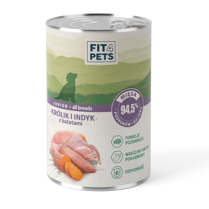 Karma dla szczeniaka pełnoporcjowa Fit4Pets królik i indyk z batatami 400g